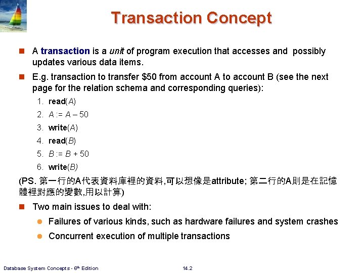 Transaction Concept n A transaction is a unit of program execution that accesses and