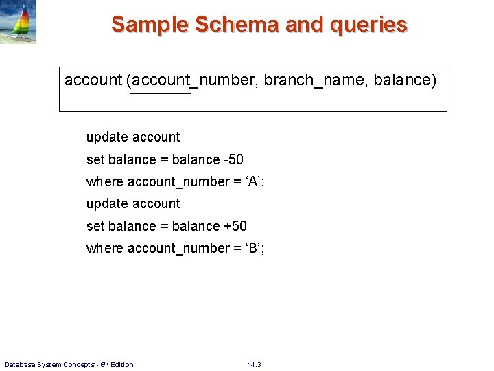 Sample Schema and queries account (account_number, branch_name, balance) update account set balance = balance