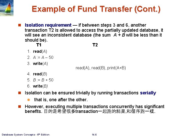 Example of Fund Transfer (Cont. ) n Isolation requirement — if between steps 3