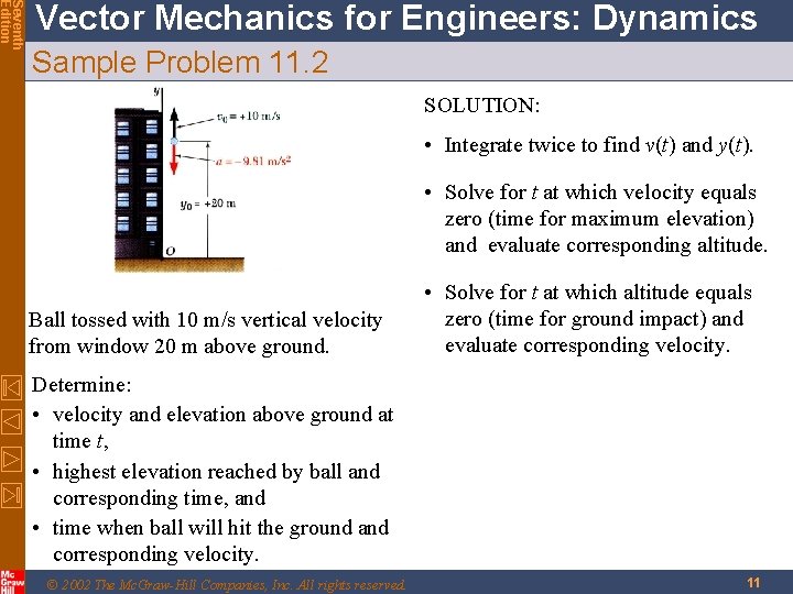 Seventh Edition Vector Mechanics for Engineers: Dynamics Sample Problem 11. 2 SOLUTION: • Integrate