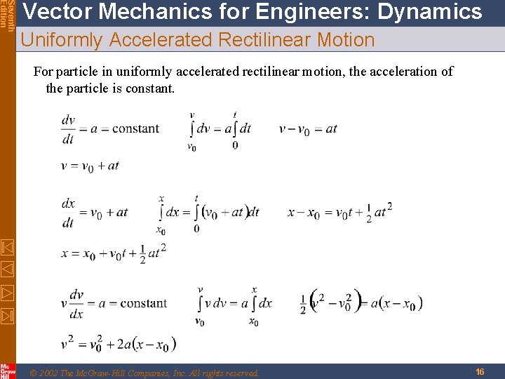 Seventh Edition Vector Mechanics for Engineers: Dynamics Uniformly Accelerated Rectilinear Motion For particle in
