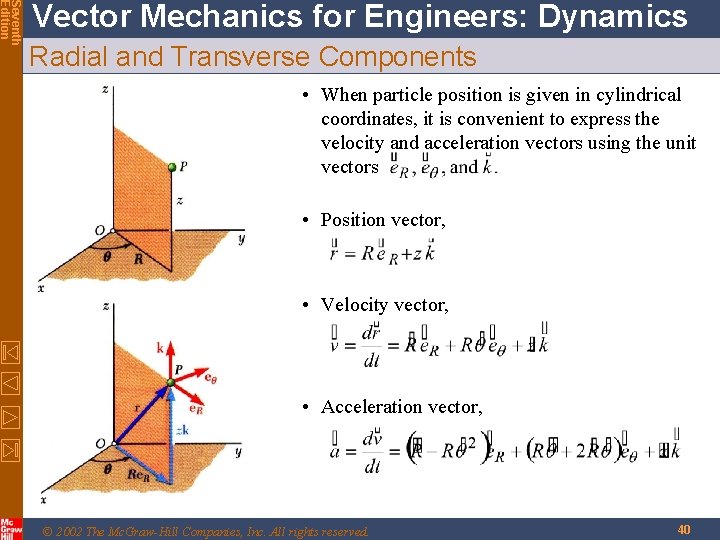 Seventh Edition Vector Mechanics for Engineers: Dynamics Radial and Transverse Components • When particle