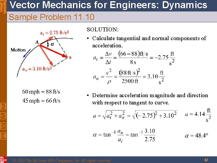 Seventh Edition Vector Mechanics for Engineers: Dynamics Sample Problem 11. 10 SOLUTION: • Calculate