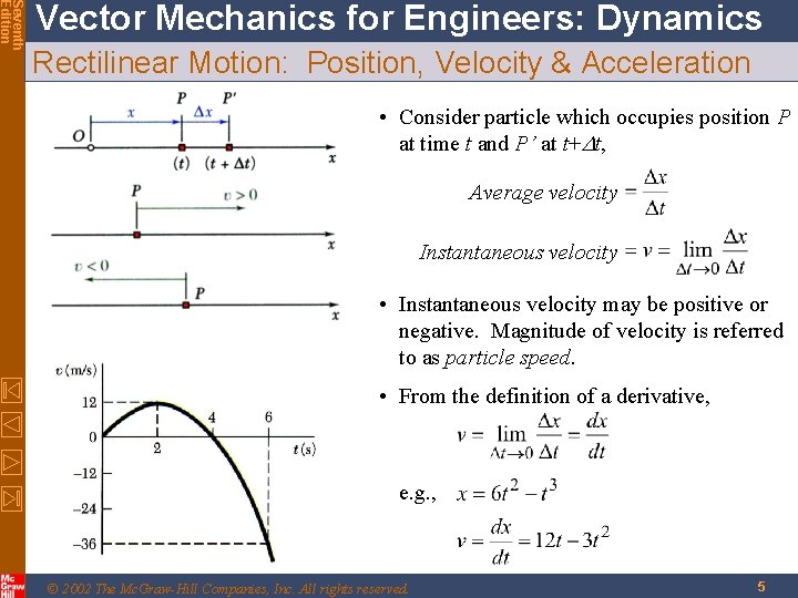 Seventh Edition Vector Mechanics for Engineers: Dynamics Rectilinear Motion: Position, Velocity & Acceleration •