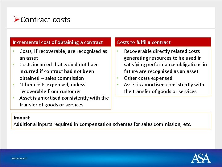 ØContract costs Incremental cost of obtaining a contract Costs to fulfil a contract •