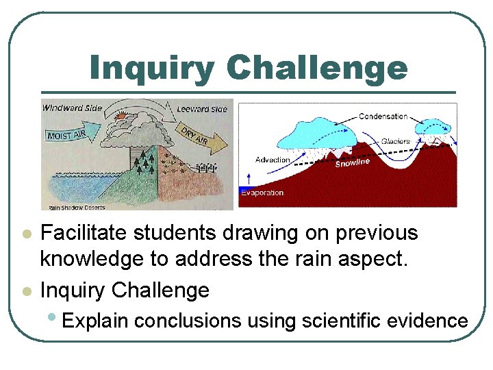Inquiry Challenge l l Facilitate students drawing on previous knowledge to address the rain