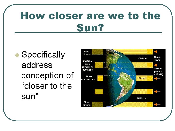 How closer are we to the Sun? l Specifically address conception of “closer to