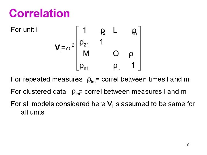 Correlation For unit i For repeated measures For clustered data = correl between times