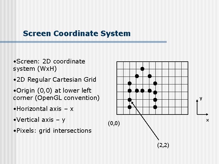 Screen Coordinate System • Screen: 2 D coordinate system (Wx. H) • 2 D