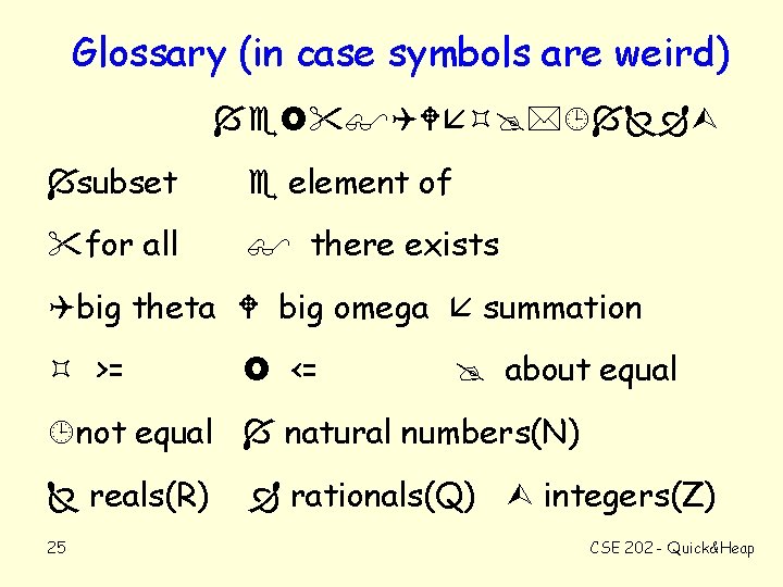 Glossary (in case symbols are weird) subset element of for all there exists big