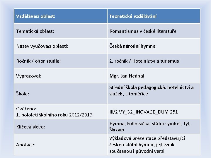 Vzdělávací oblast: Teoretické vzdělávání Tematická oblast: Romantismus v české literatuře Název vyučovací oblasti: Česká