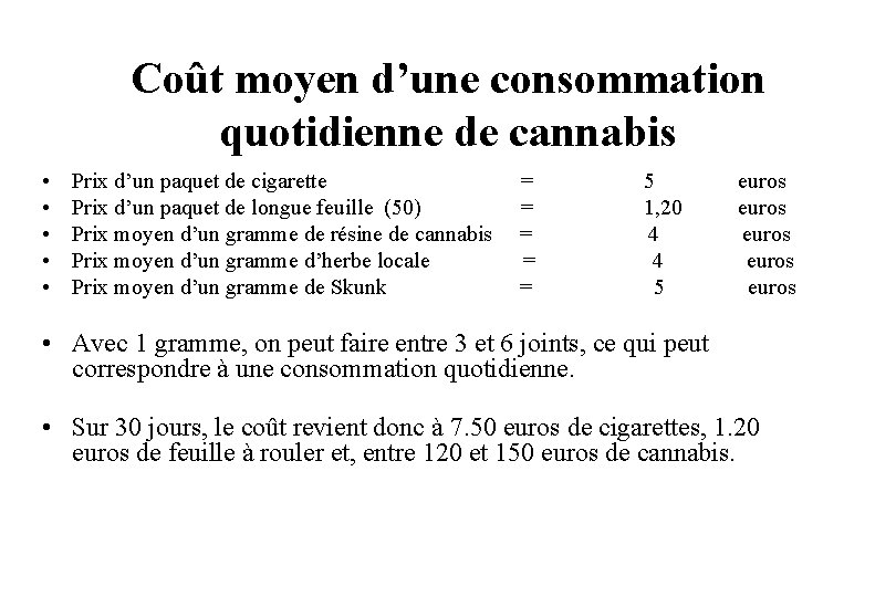 Coût moyen d’une consommation quotidienne de cannabis • • • Prix d’un paquet de