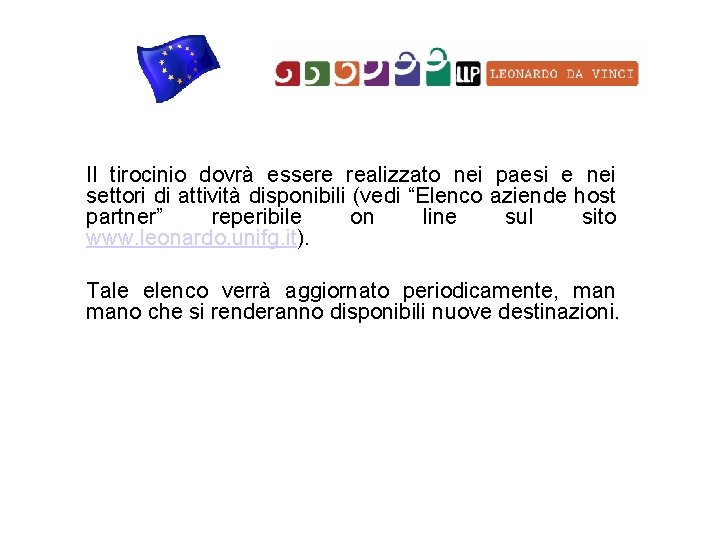 Il tirocinio dovrà essere realizzato nei paesi e nei settori di attività disponibili (vedi