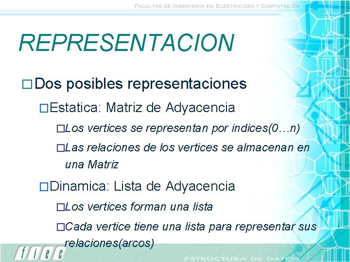 REPRESENTACION � Dos posibles representaciones �Estatica: �Los Matriz de Adyacencia vertices se representan por