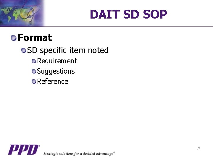 DAIT SD SOP Format SD specific item noted Requirement Suggestions Reference 17 