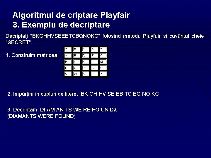Algoritmul de criptare Playfair 3. Exemplu de decriptare Decriptaţi "BKGHHVSEEBTCBQNOKC" folosind metoda Playfair şi