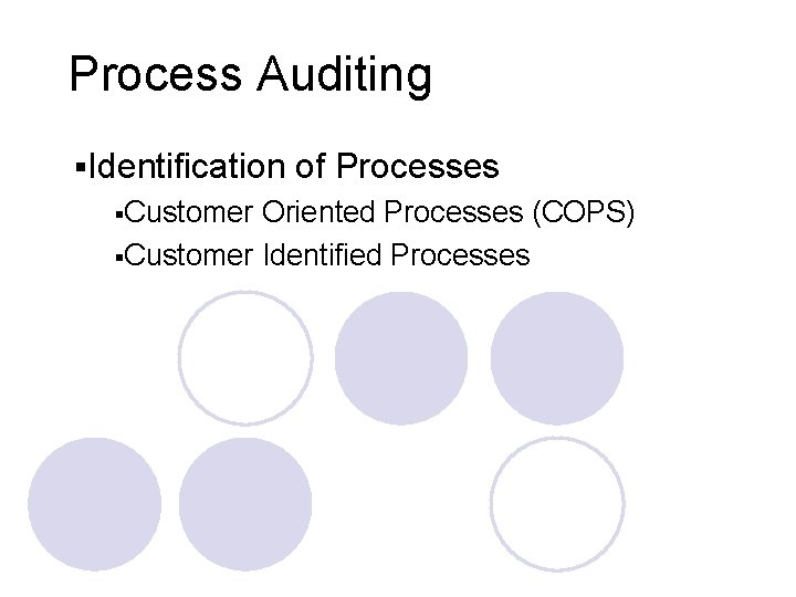 Process Auditing §Identification §Customer of Processes Oriented Processes (COPS) §Customer Identified Processes 