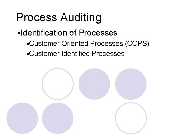 Process Auditing §Identification §Customer of Processes Oriented Processes (COPS) §Customer Identified Processes 