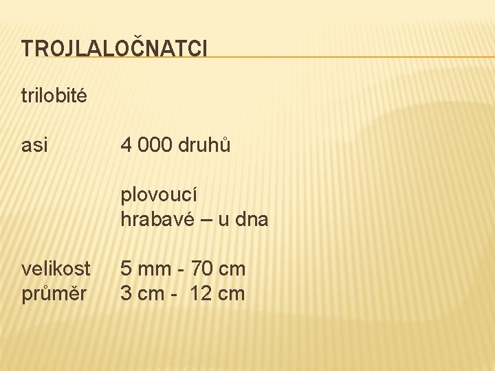 TROJLALOČNATCI trilobité asi 4 000 druhů plovoucí hrabavé – u dna velikost průměr 5