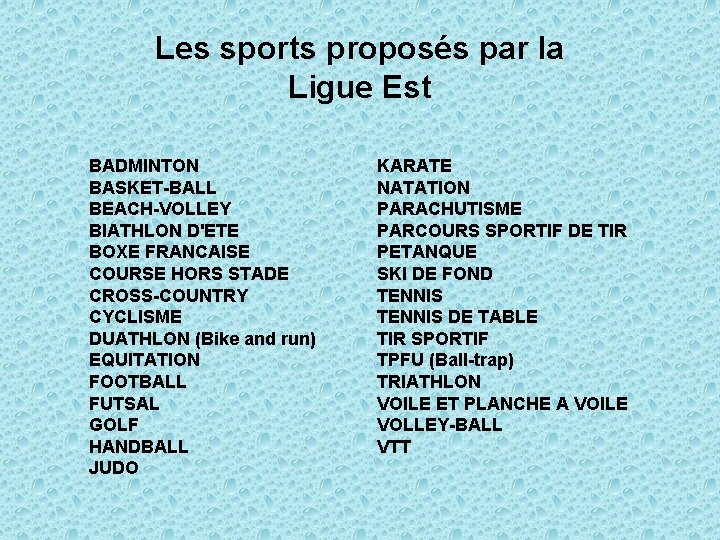 Les sports proposés par la Ligue Est BADMINTON BASKET-BALL BEACH-VOLLEY BIATHLON D'ETE BOXE FRANCAISE