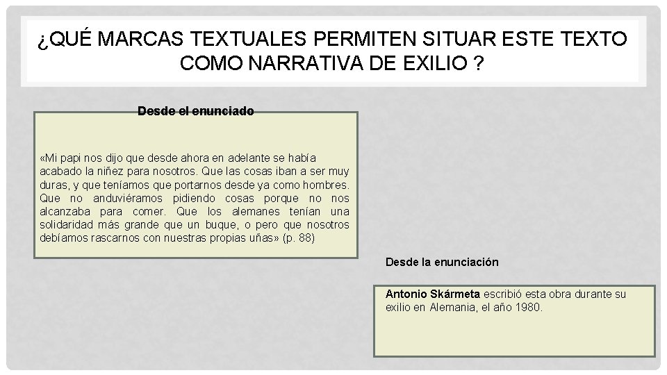 ¿QUÉ MARCAS TEXTUALES PERMITEN SITUAR ESTE TEXTO COMO NARRATIVA DE EXILIO ? Desde el