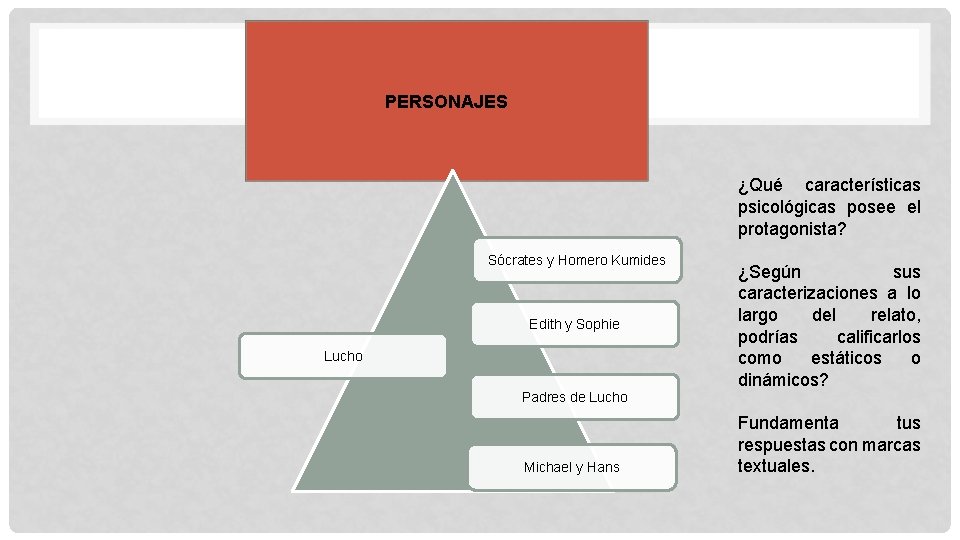 PERSONAJES ¿Qué características psicológicas posee el protagonista? Sócrates y Homero Kumides Edith y Sophie