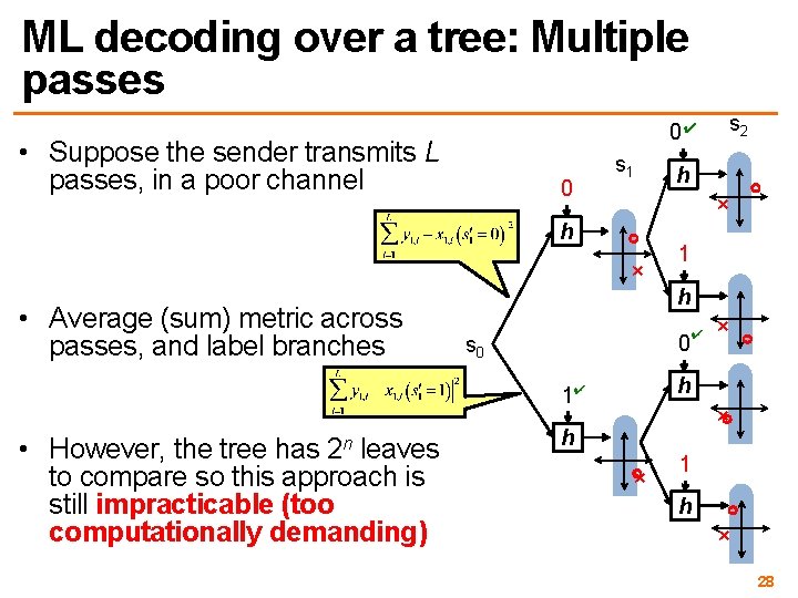ML decoding over a tree: Multiple passes • Suppose the sender transmits L passes,