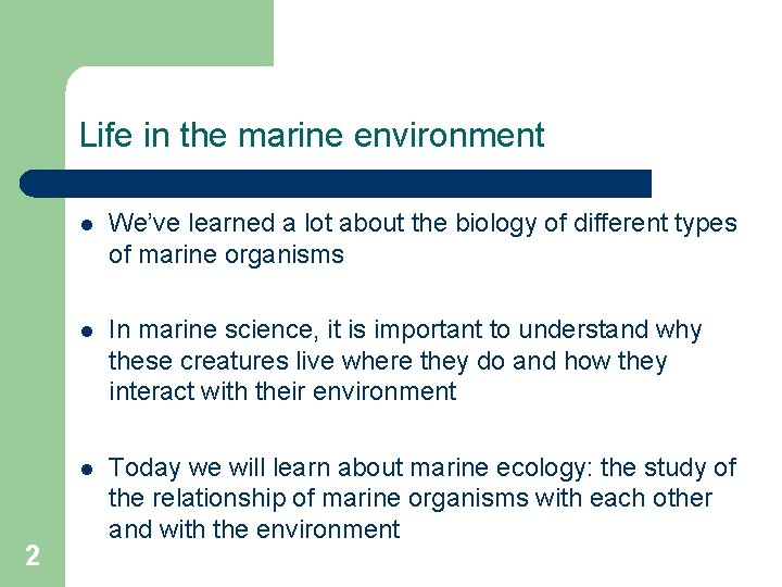 Life in the marine environment 2 l We’ve learned a lot about the biology