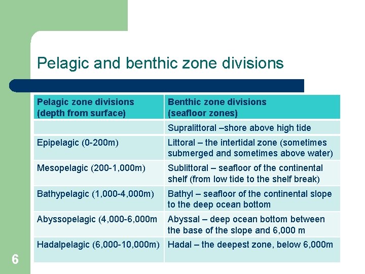 Pelagic and benthic zone divisions Pelagic zone divisions (depth from surface) Benthic zone divisions