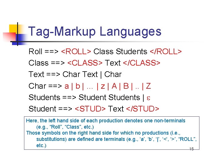 Tag-Markup Languages Roll ==> <ROLL> Class Students </ROLL> Class ==> <CLASS> Text </CLASS> Text