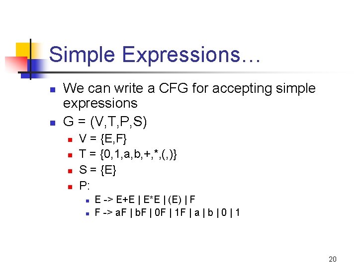 Simple Expressions… n n We can write a CFG for accepting simple expressions G