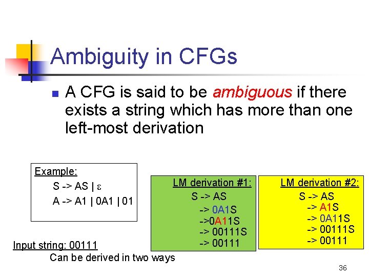 Ambiguity in CFGs n A CFG is said to be ambiguous if there exists