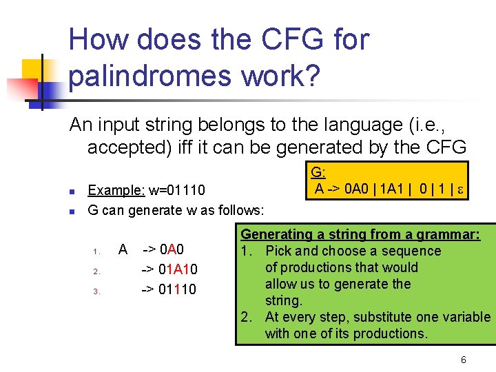 How does the CFG for palindromes work? An input string belongs to the language