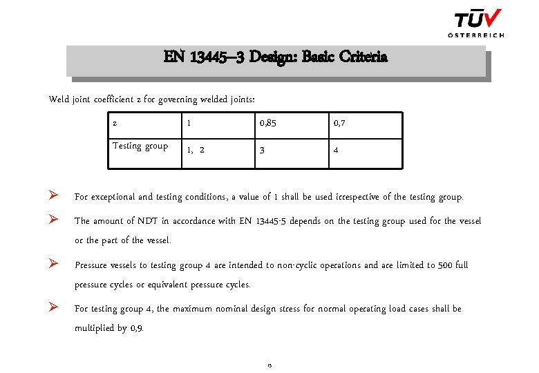 EN 13445– 3 Design: Basic Criteria Weld joint coefficient z for governing welded joints: