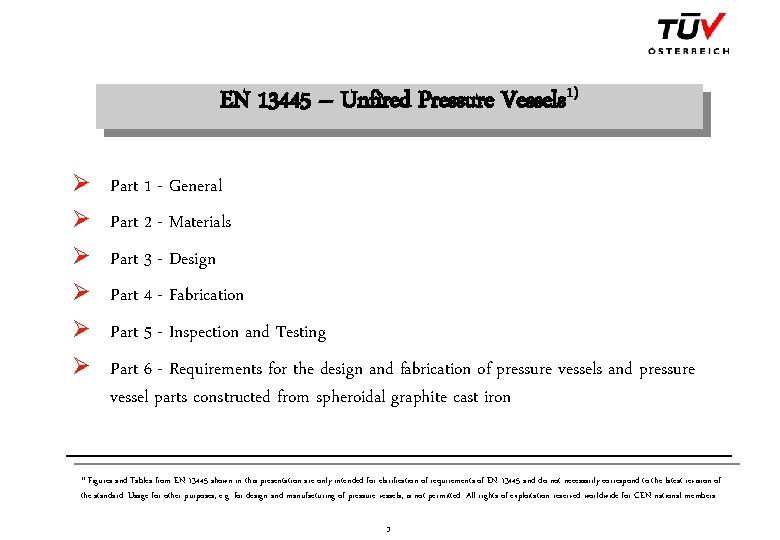 EN 13445 – Unfired Pressure Vessels 1) Ø Ø Ø Part 1 - General
