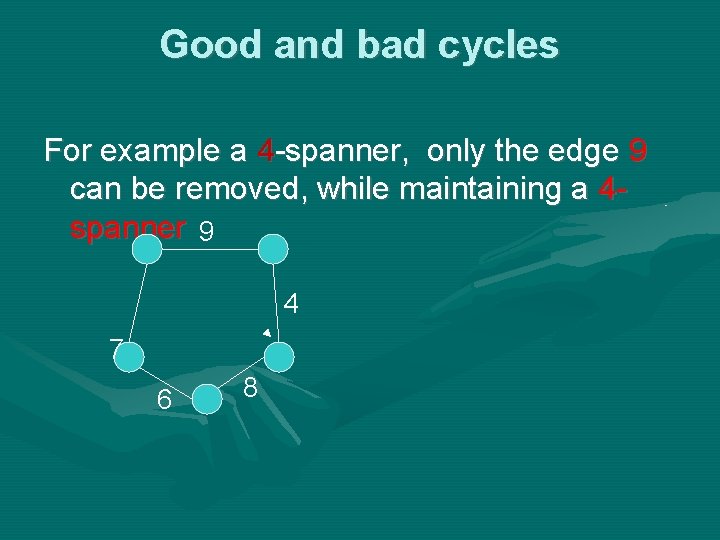 Good and bad cycles For example a 4 -spanner, only the edge 9 can Good and bad cycles For example a 4 -spanner, only the edge 9 can
