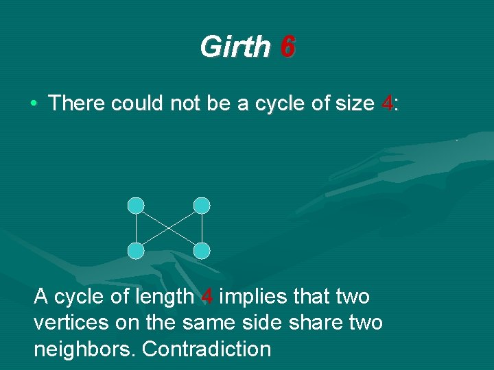 Girth 6 • There could not be a cycle of size 4: A cycle Girth 6 • There could not be a cycle of size 4: A cycle