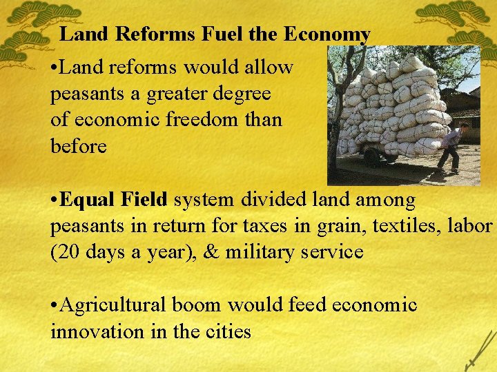 Land Reforms Fuel the Economy • Land reforms would allow peasants a greater degree