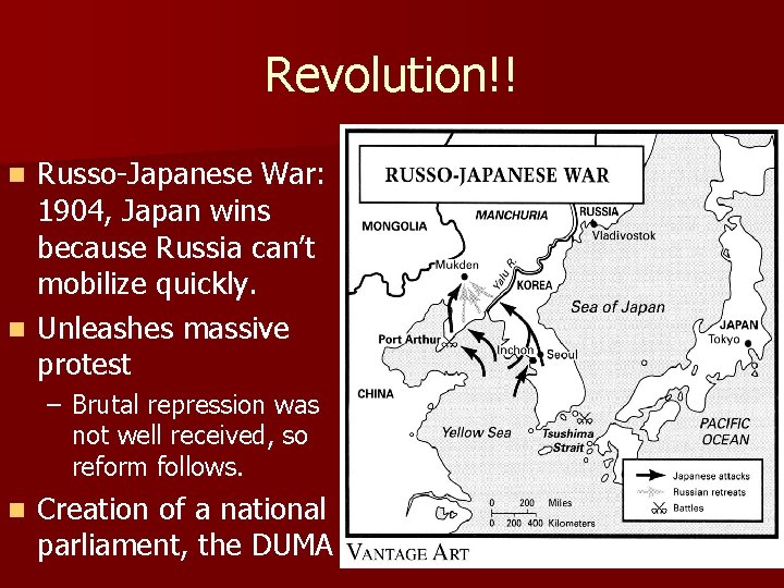 Revolution!! Russo-Japanese War: 1904, Japan wins because Russia can’t mobilize quickly. n Unleashes massive