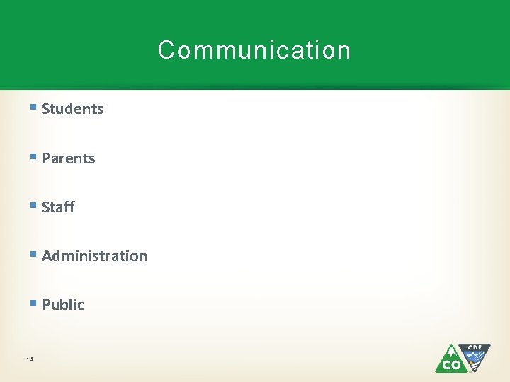 Communication § Students § Parents § Staff § Administration § Public 14 