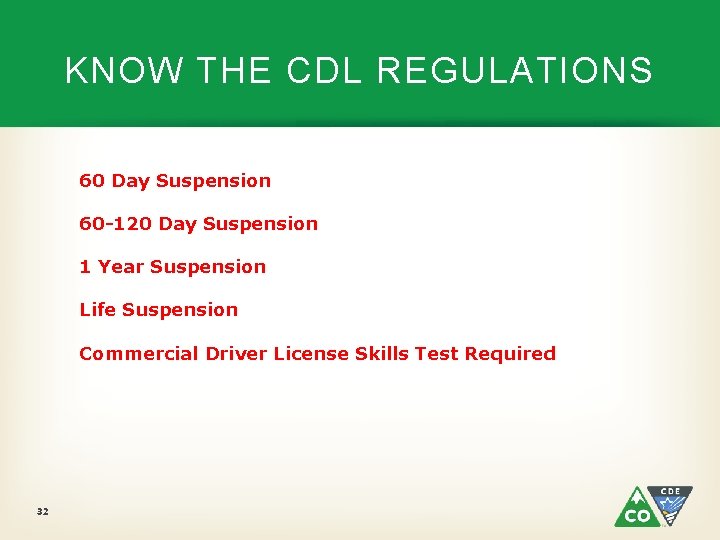 KNOW THE CDL REGULATIONS 60 Day Suspension 60 -120 Day Suspension 1 Year Suspension