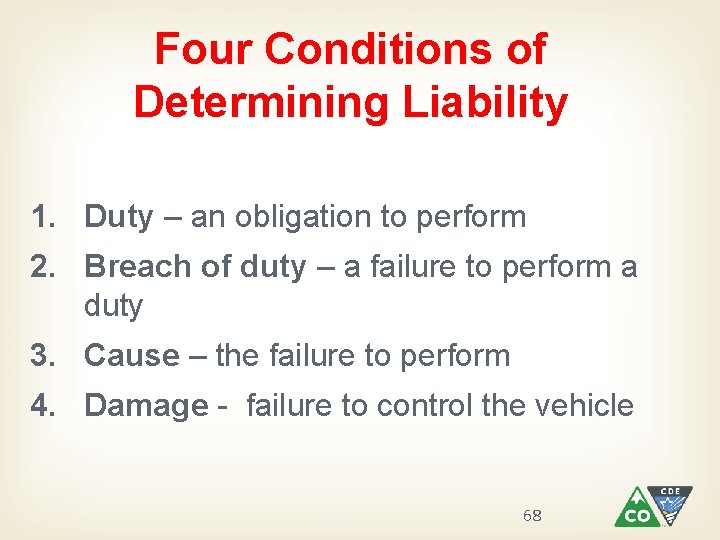 Four Conditions of Determining Liability 1. Duty – an obligation to perform 2. Breach