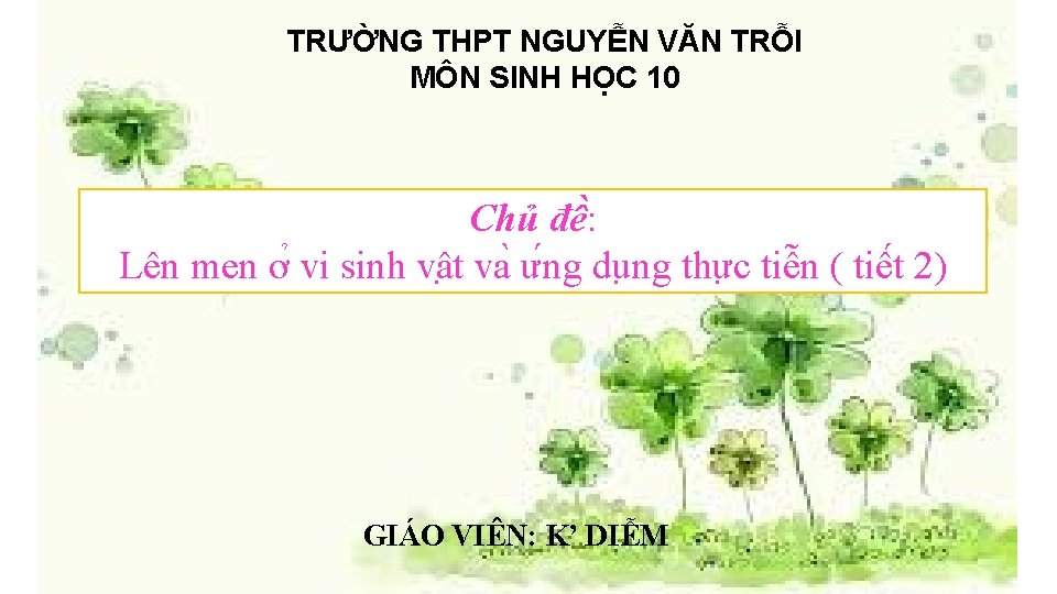 TRƯỜNG THPT NGUYỄN VĂN TRỖI MÔN SINH HỌC 10 Chủ đề : Lên men