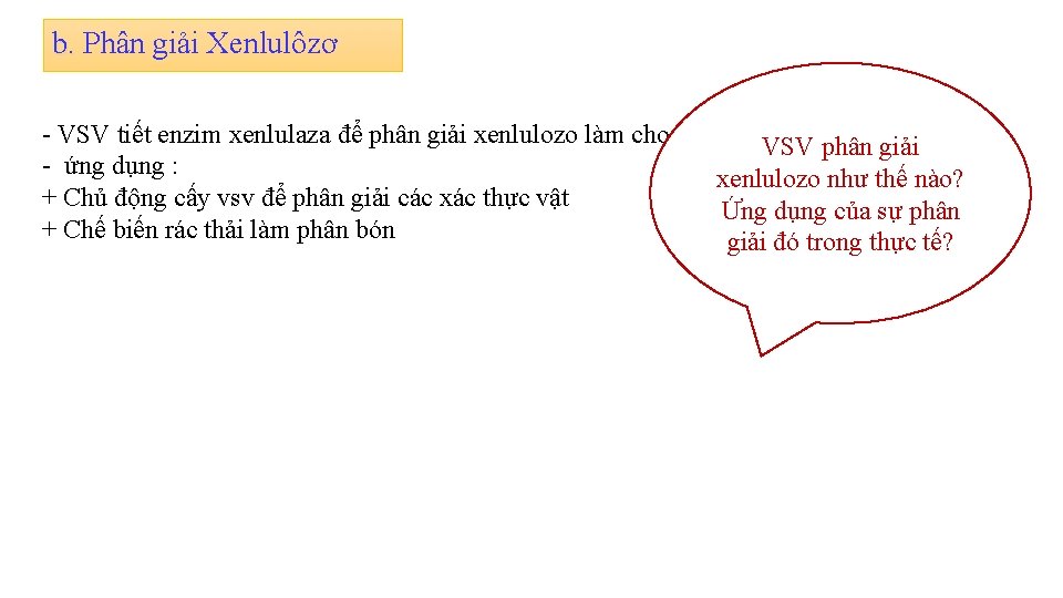 b. Phân giải Xenlulôzơ - VSV tiết enzim xenlulaza để phân giải xenlulozo làm