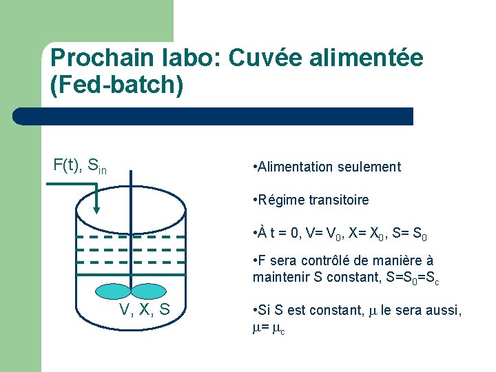 Prochain labo: Cuvée alimentée (Fed-batch) F(t), Sin • Alimentation seulement • Régime transitoire •