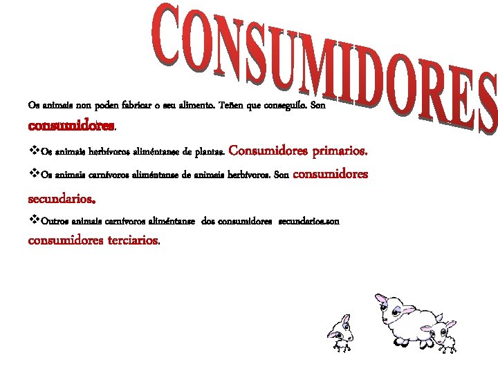 Os animais non poden fabricar o seu alimento. Teñen que conseguilo. Son consumidores. v.