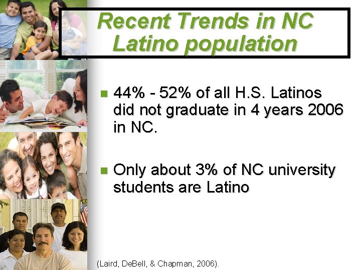 Recent Trends in NC Latino population 44% - 52% of all H. S. Latinos