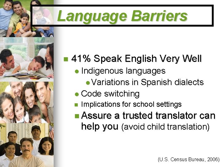 Language Barriers 41% Speak English Very Well Indigenous languages Variations in Spanish dialects Code