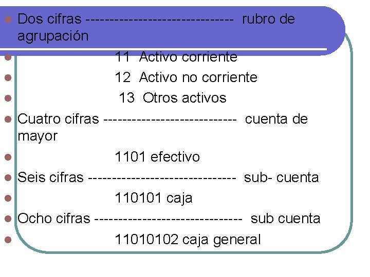 l l l l l Dos cifras ---------------- rubro de agrupación 11 Activo corriente