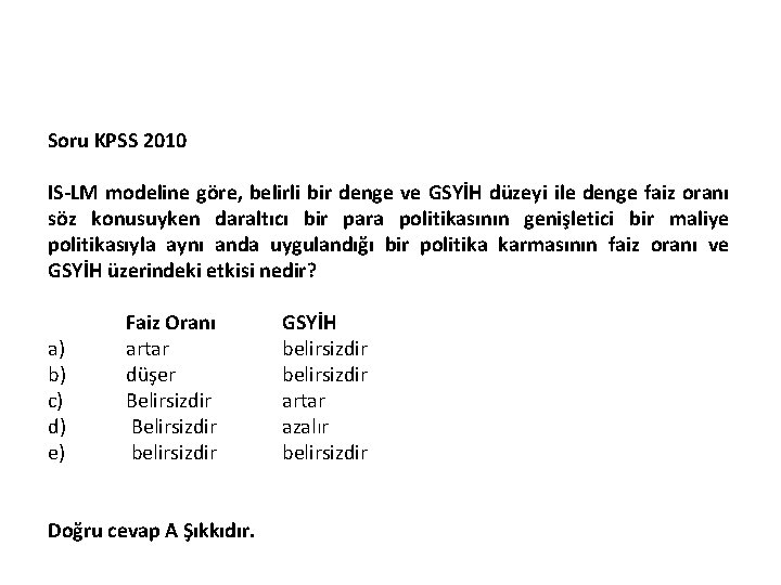 Soru KPSS 2010 IS LM modeline göre, belirli bir denge ve GSYİH düzeyi ile